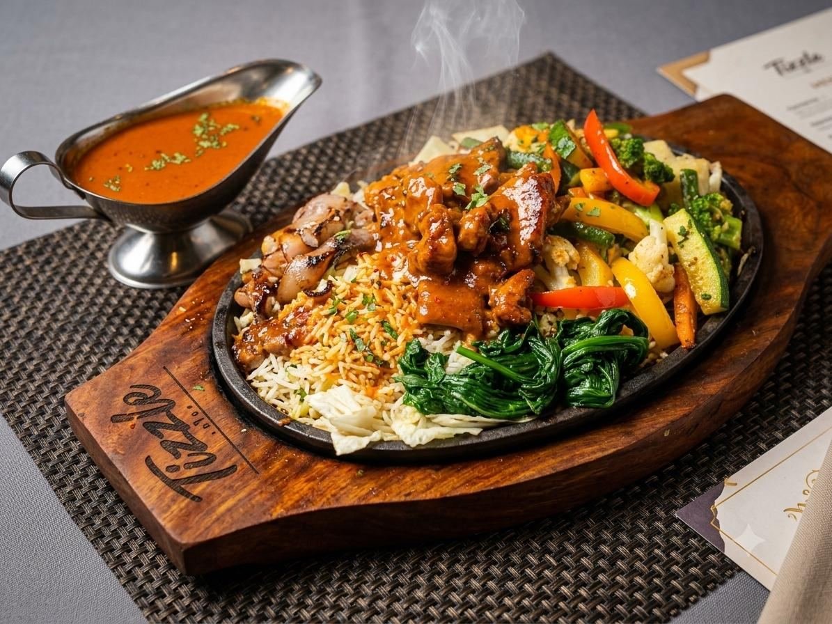 Chicken sizzler served with sauce boat