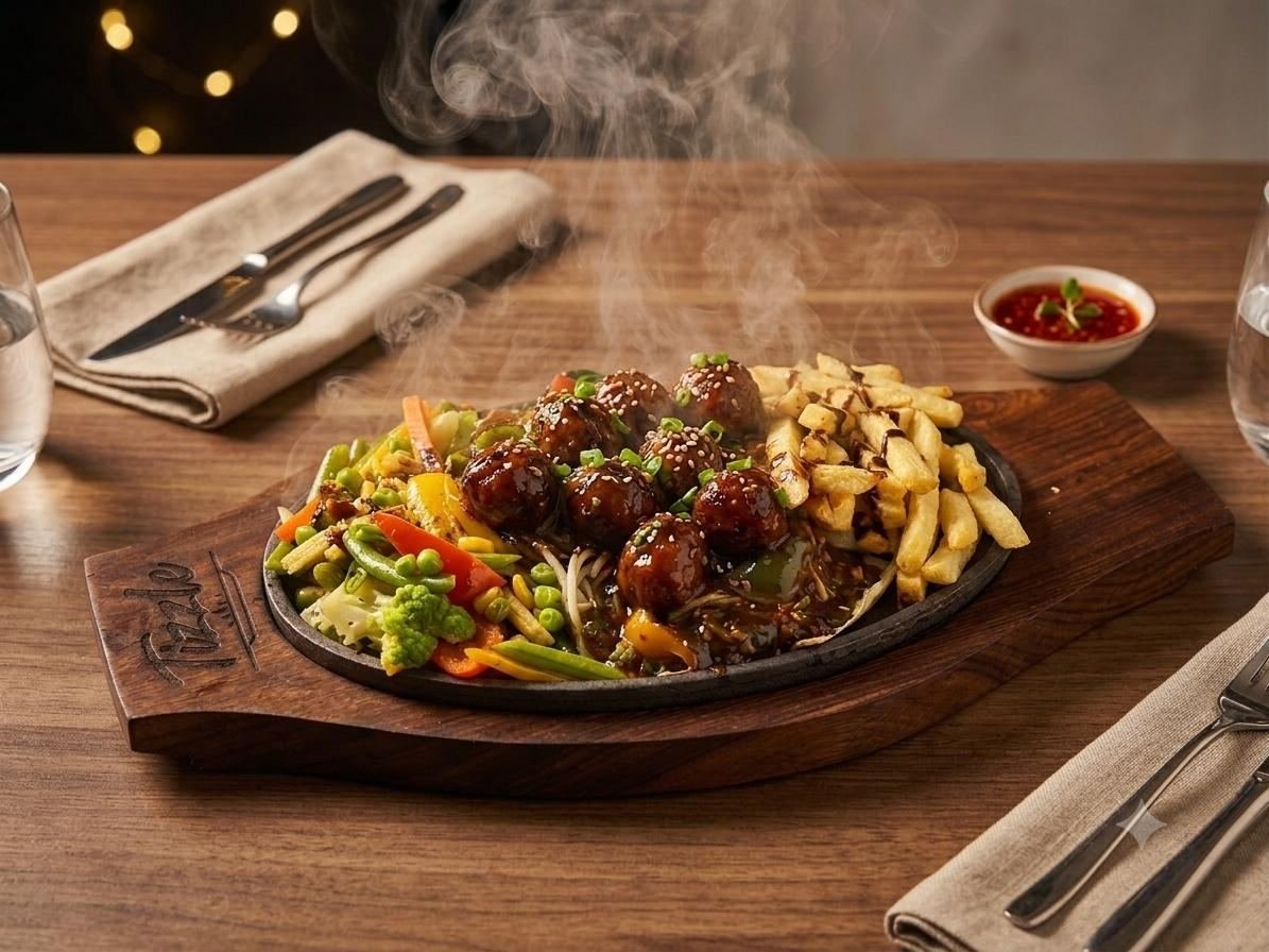 Manchurian sizzler steaming on a wooden board